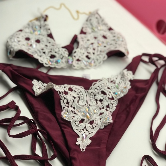 Burgundy crystal rhinestone lace bikini sexy glam Vegas cruise resort swim S2